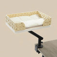 Load image into Gallery viewer, 360 Rotating Cat Desk Bed in plush white, front angled top view of braided wicker, Japandi & Zen cat furniture.