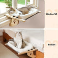 Load image into Gallery viewer, Split view of a versatile cat hammock attached securely to a sunlit window sill and serving as a bedside cat sleeper.