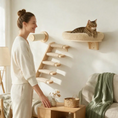 Load image into Gallery viewer, Modern wall-mounted cat climbing shelf set made of light wood with sisal steps and a beige fleece cat bed.