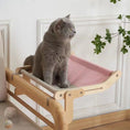 Load image into Gallery viewer, The Zenview Adjustable Wooden Cat Perch, side angle with cat, Japanese-inspired natural wood cat furniture.