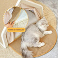 Load image into Gallery viewer, Wooden Cat Villa Tent in solid wood and hemp, interior detail view of the cozy mat with cat lounging, the softest cat bed enclosure.