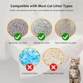 Load image into Gallery viewer, FurooMate Open-Top Smart Litter Box in white, detail shot of litter compatibility chart, easy use luxury cat furniture.