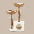 Load image into Gallery viewer, Blossom Villa Woven Flower Cat Tree product shot, angled detail of two-tiered design, a compact pink cat tree alternative.