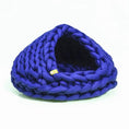 Load image into Gallery viewer, Chunky Knit Cocoon Cat Cave in ultra-thick hand-woven yarn, angled rear-front view of the bold textured knit weave, a chic design element.