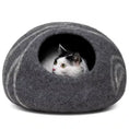 Load image into Gallery viewer, Cat inside Merino Cocoon dark grey wool felt cave — cozy felted cat hideaway, luxury cat bed