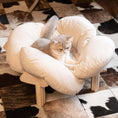 Load image into Gallery viewer, Nimbus cloud cat bed on wood cross-stand — luxury elevated cat bed, Japandi living room furniture