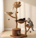 Load image into Gallery viewer, Sequoia Lodge Tree Cat Tower in natural bark-like texture, three-quarters view with multiple cats on platforms, a heavy-duty cat tower.