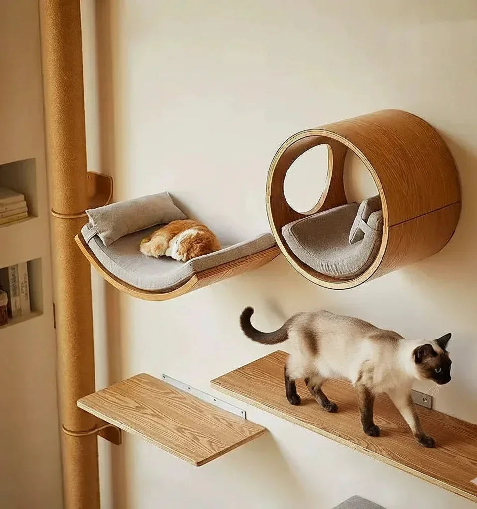 Japandi style modular cat climbing wall system with a resting pod