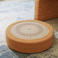 Load image into Gallery viewer, Tatami Zen Pouf in woven straw, floor-level view of the lace-like mandala pattern, durable and stylish.
