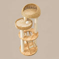 Load image into Gallery viewer, Woven Sanctuary Cat Condo in natural wood and rattan, product shot overhead perspective of tiered platform, a multi-level cat tree.