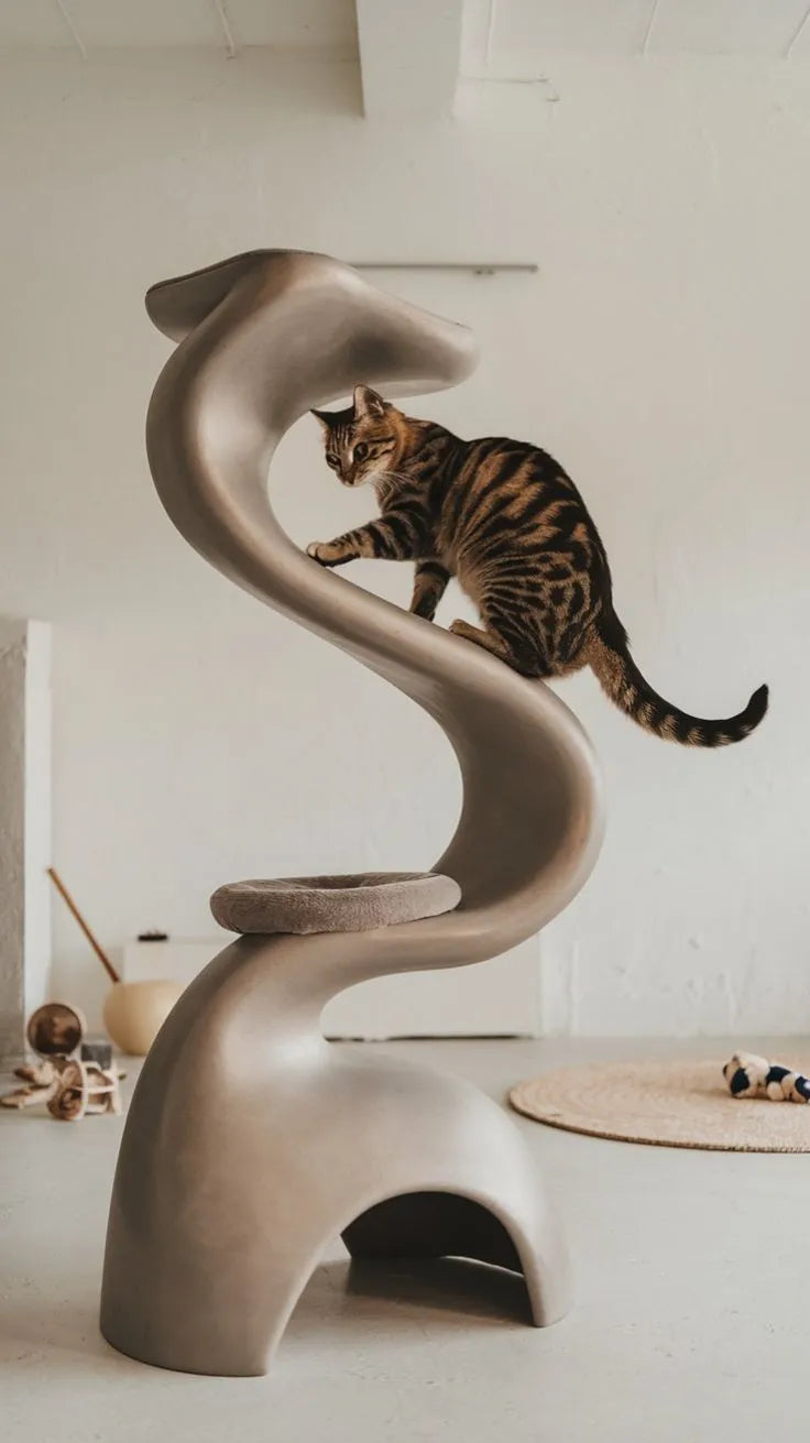Tabby cat perched on a sculptural grey curved cat tree in a clean white minimalist room