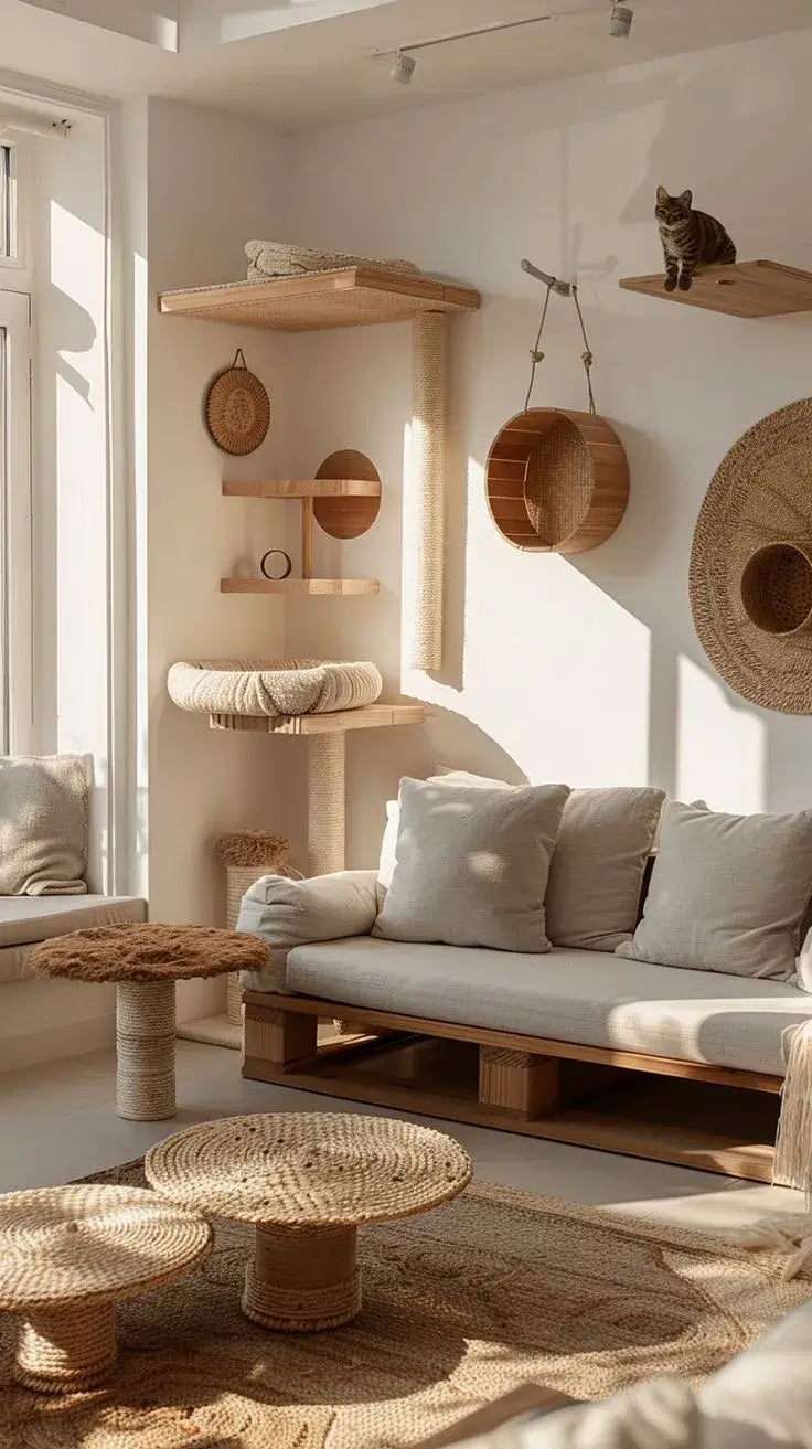 Japandi living room with wall-mounted cat shelves, natural wood cat tree and rattan furniture in warm neutral tones
