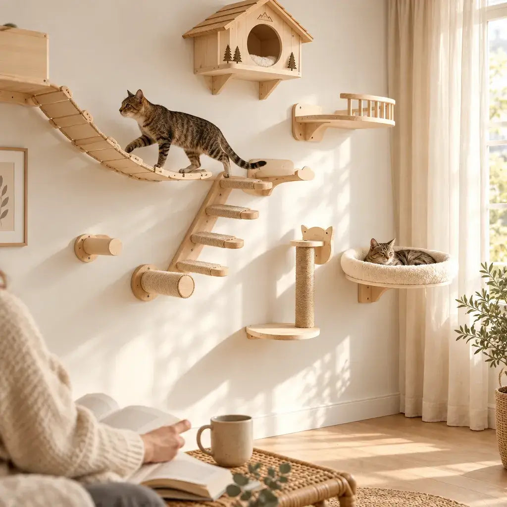 Seven-piece wooden cat wall kit with step, ladder, corner shelf, scratch post, perch, hammock and house