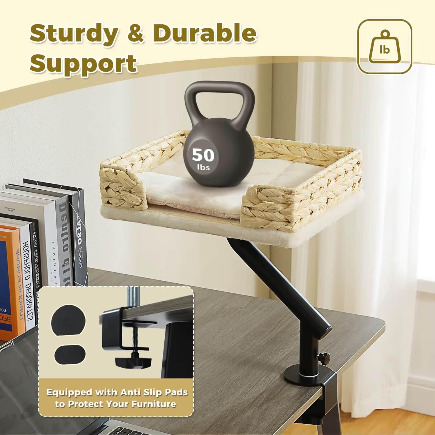 360 Rotating Cat Desk Bed in plush white, detail of weight test on sturdy elevated perch, a sturdy cat tower for heavy cats.