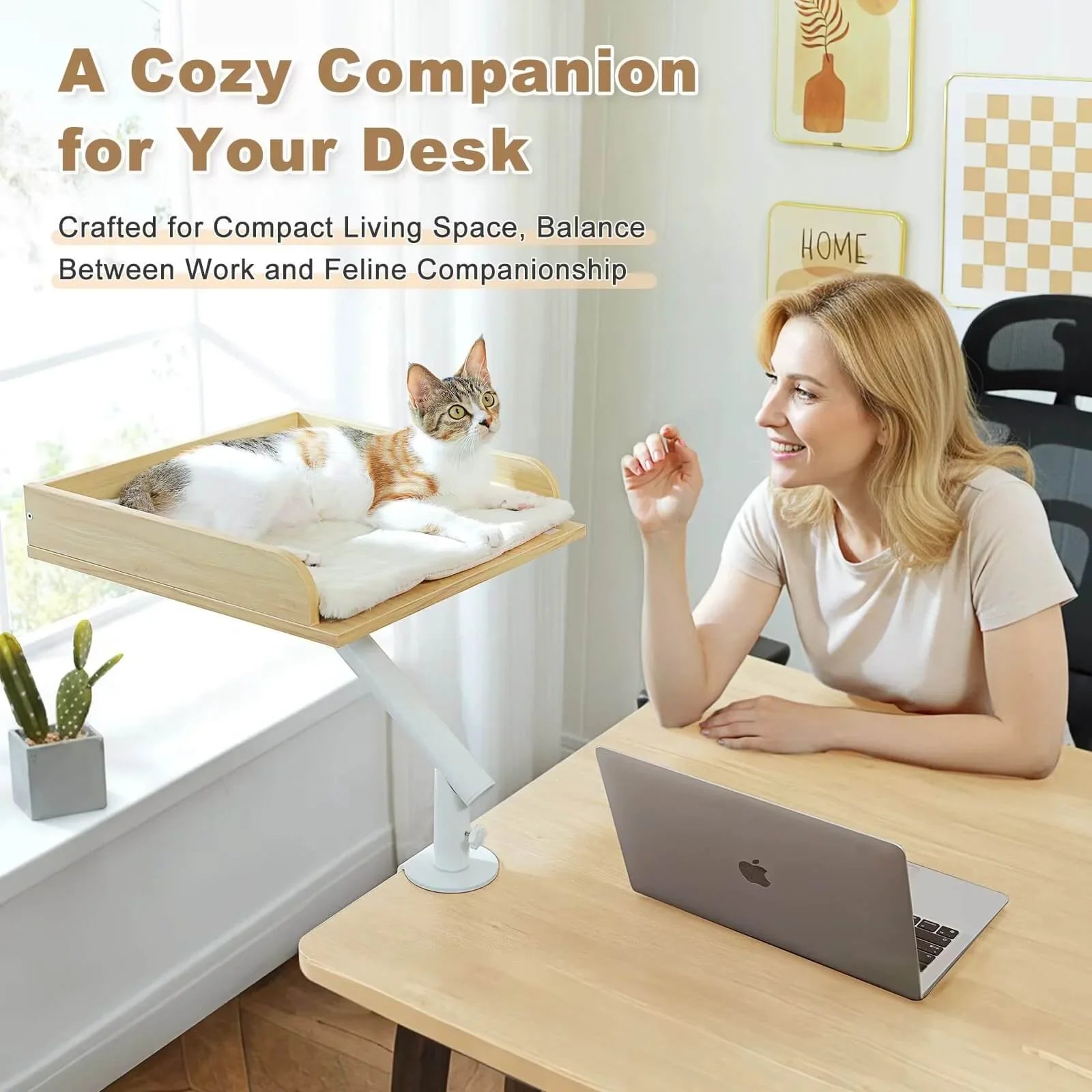 360 Rotating Cat Desk Bed in plush white, lifestyle side view of the elevated square perch, an elevated cat bed.