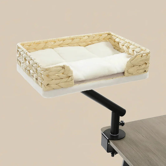 360 Rotating Cat Desk Bed in plush white, front angled top view of braided wicker, Japandi & Zen cat furniture.