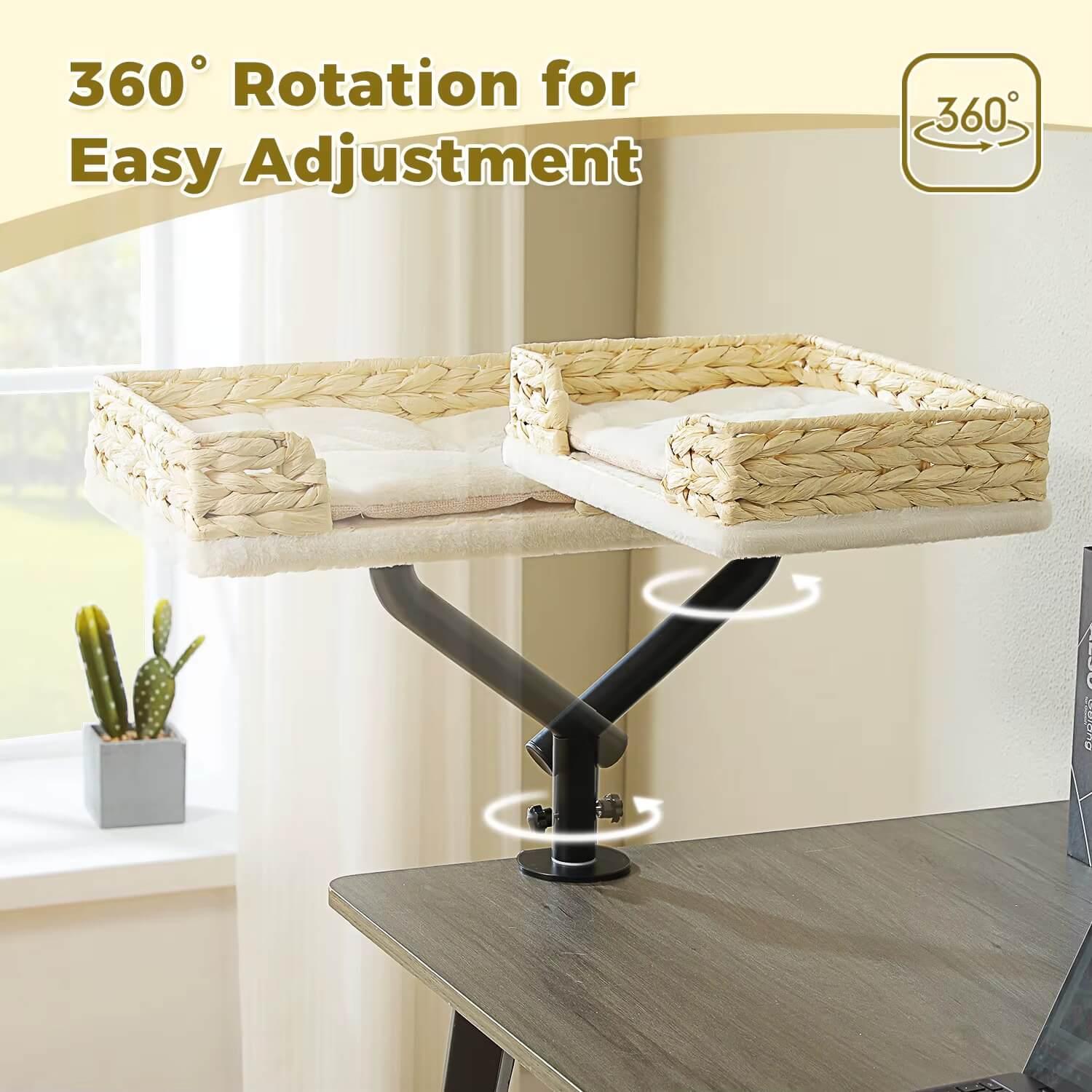 360 Rotating Cat Desk Bed in plush white, elevated side angle of the braided dual perch, a stylish cat tree alternative for small spaces.