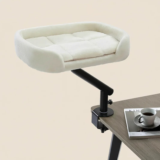 360 Rotating Cat Desk Bed in plush white fabric, side view of the adjustable table hammock, adjustable cat furniture.