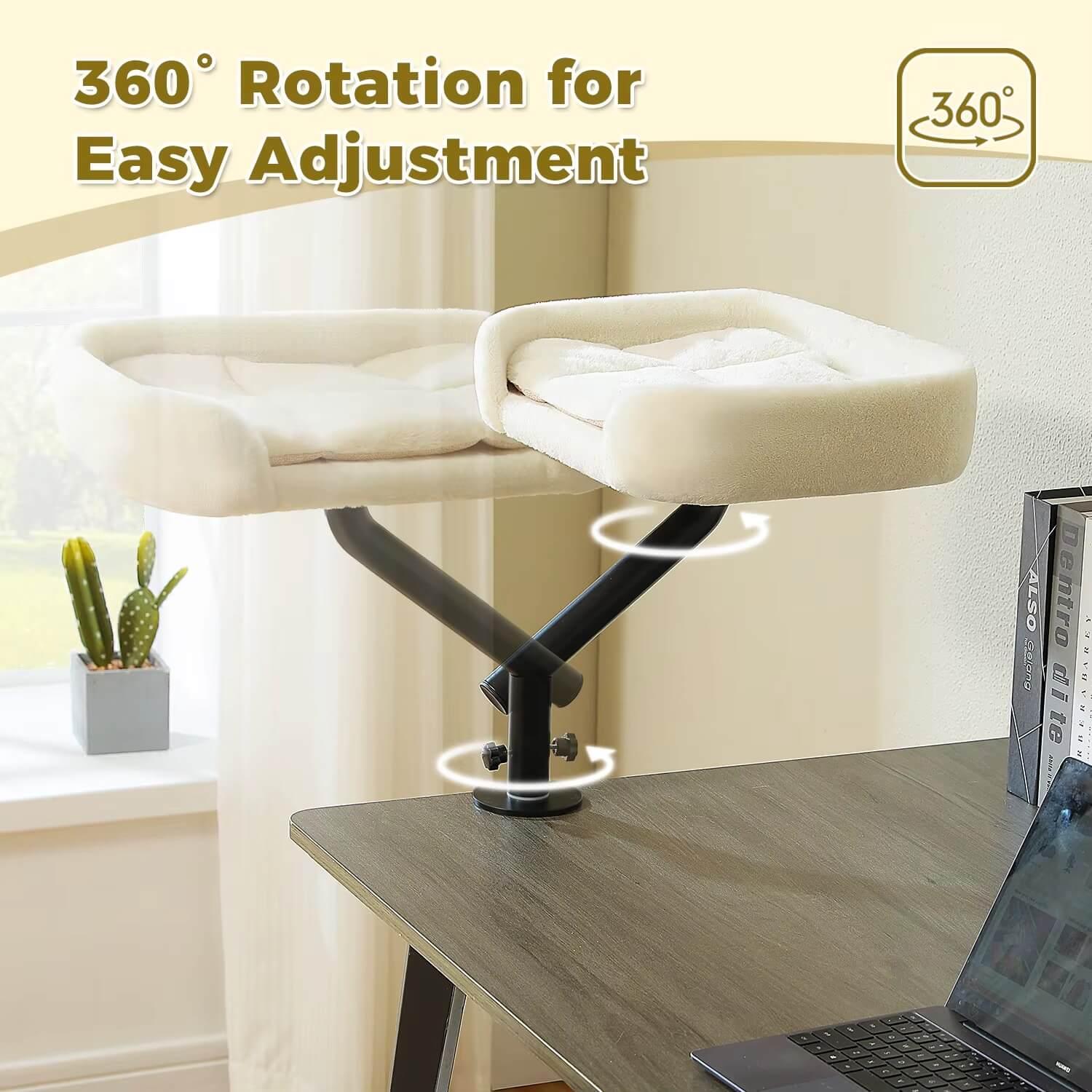 360 Rotating Cat Desk Bed in plush white, angled side view of the double perch, luxury cat furniture for multiple cats.