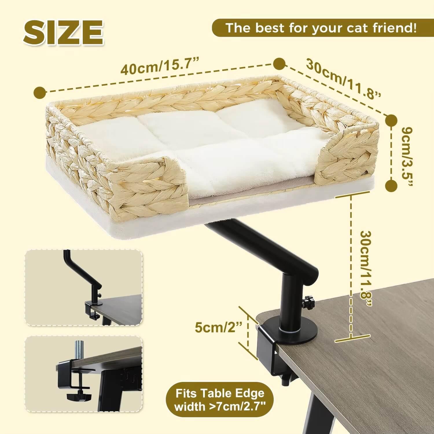 360 Rotating Cat Desk Bed in plush white, product shot detailed top view of the braided elevated hammock, a cat lounger.