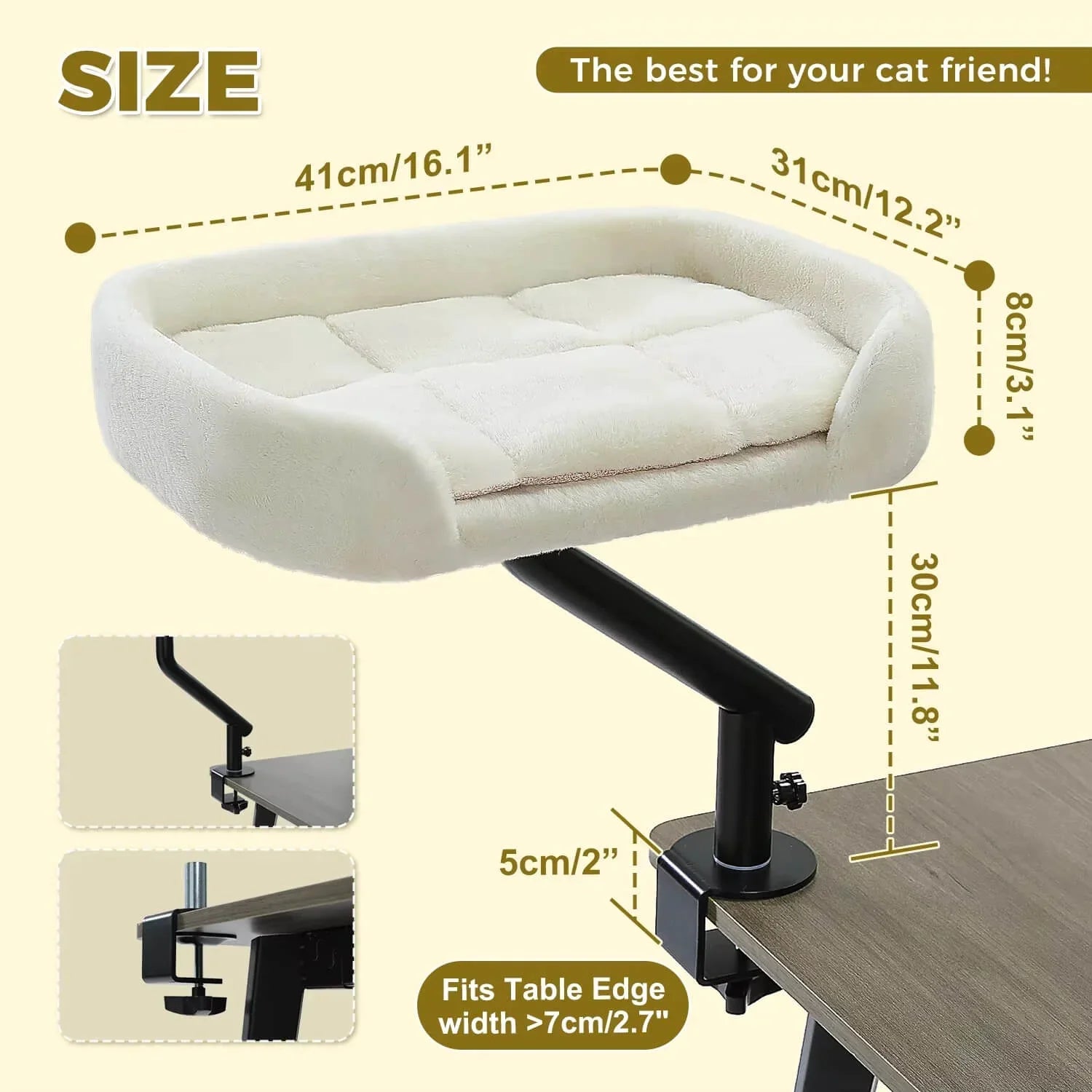 360 Rotating Cat Desk Bed in plush white, product shot back angled view of the clamped desktop mount, easy install cat furniture.