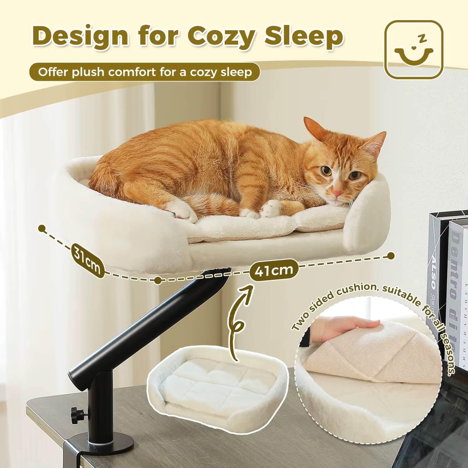 360 Rotating Cat Desk Bed in plush white, side perspective view of the plush dual-sided cushion, washable cat bed pads.