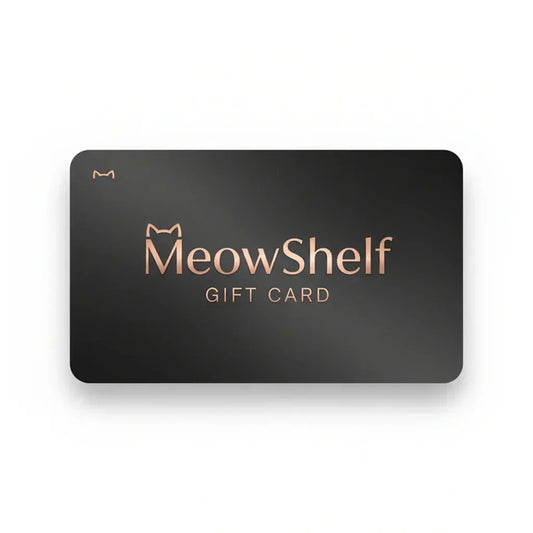MeowShelf Gift Card in black with gold text, product shot front view with a smooth finish.