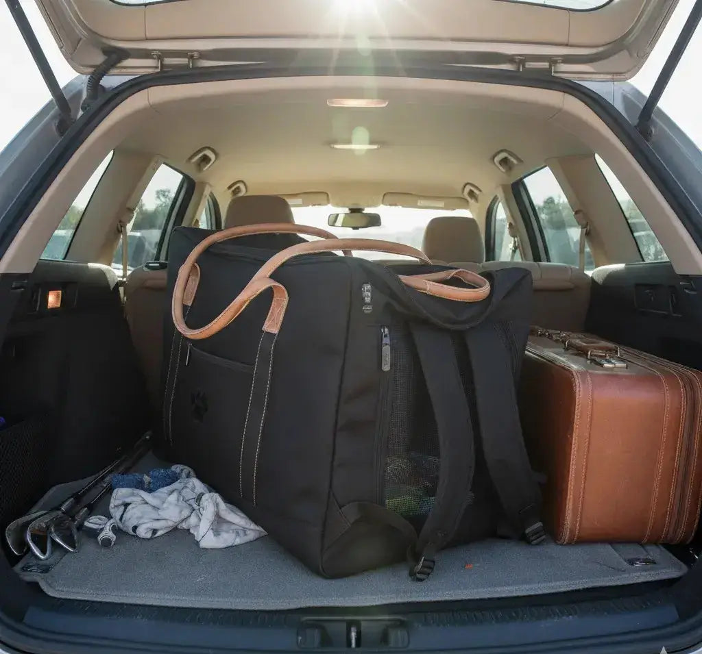 A bulky, heavy, neon-colored hard plastic pet carrier taking up half the trunk space and looking incredibly out of place.