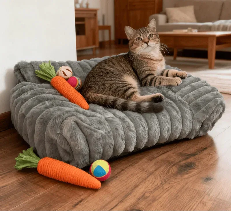 Cloud Corduroy Ribbed Plush Cat Bed, side angle lifestyle view of the cozy plush texture, a warm cat bed.
