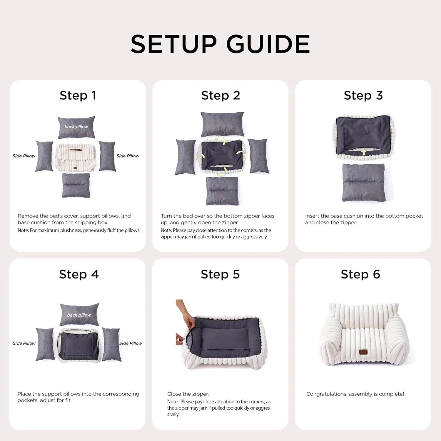 Cloud Corduroy Ribbed Plush Cat Bed, assembly breakdown view of the setup guide, showing aesthetic cat furniture quality.