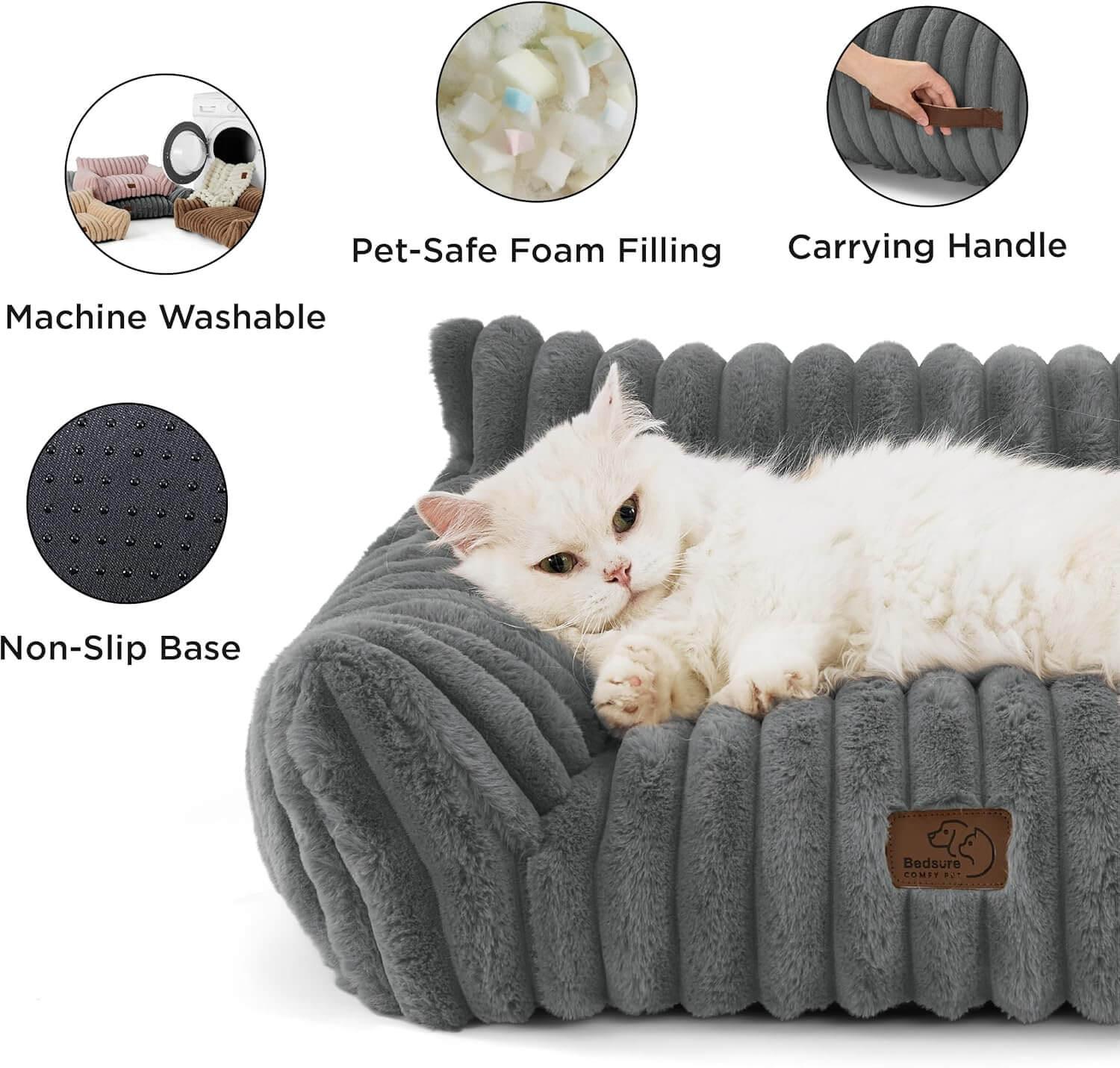 Cloud Corduroy Ribbed Plush Cat Bed, detailed comfort view with non-slip base focus, for modern cat furniture safety.