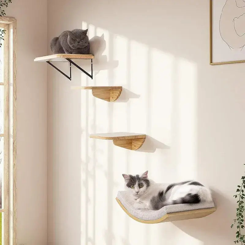 Cat lounging on MeowShelf Crescent wall-mounted aesthetic cat hammock shelf.