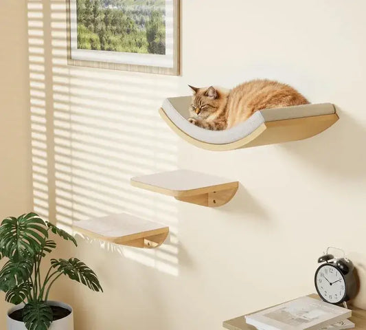 Ergonomic curved base of MeowShelf Crescent Japandi style cat wall hammock.