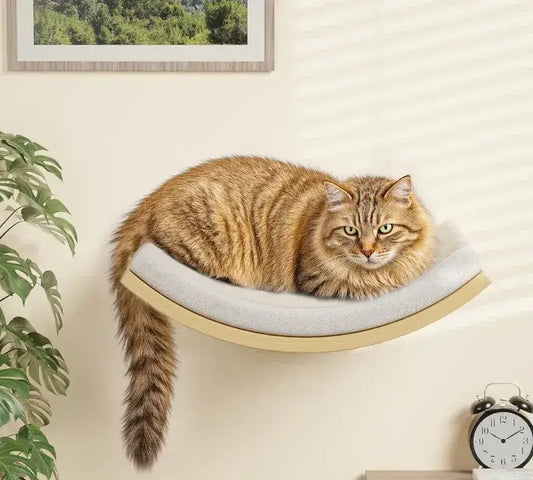 MeowShelf Crescent floating cat hammock space-saving wall-mounted shelf.