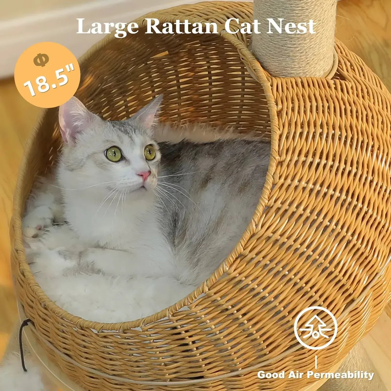 Dino Rattan Cat Tree top-down view of the large rattan nest with a cat, offering a cozy cat cave experience.