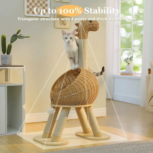 Dino Rattan Cat Tree in natural wicker, side view of the modern structure, featuring rattan & straw cat furniture.