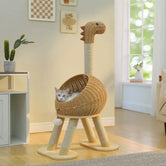Dino Rattan Cat Tree in natural wicker and sisal, front side angle of the dinosaur shape, a unique cat tree.