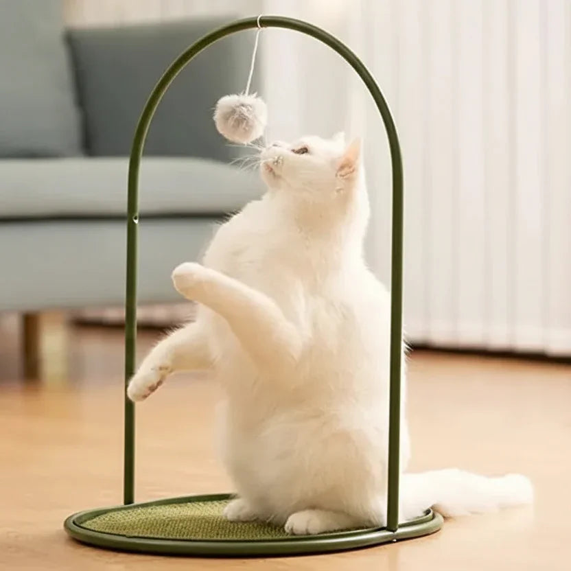 Enso 3-in-1 front perspective of a luxury cat arch with toy, featuring a non-ugly cat furniture design.