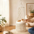 Load image into Gallery viewer, owner-petting-cat-in-boho-fringe-macrame-hanging-cat-bed
