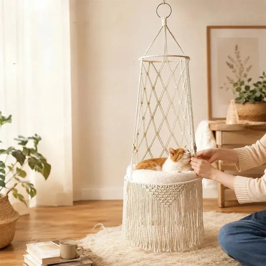 owner-petting-cat-in-boho-fringe-macrame-hanging-cat-bed