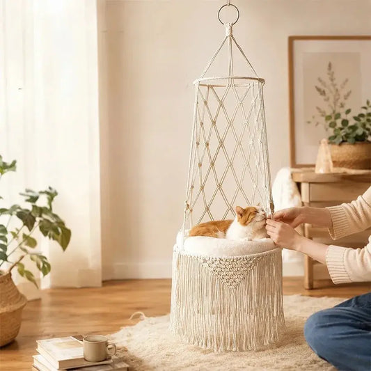 owner-petting-cat-in-boho-fringe-macrame-hanging-cat-bed