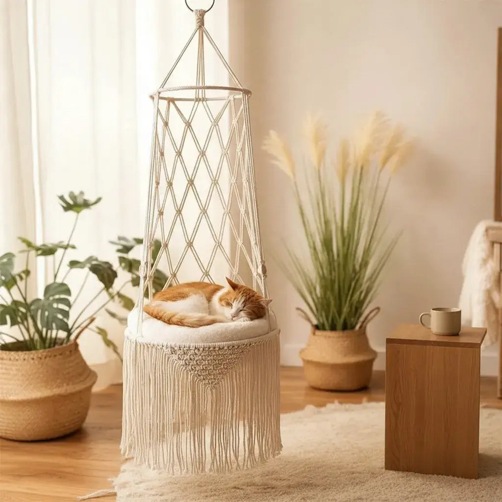 cat-napping-in-boho-fringe-macrame-hanging-cat-bed-by-plants