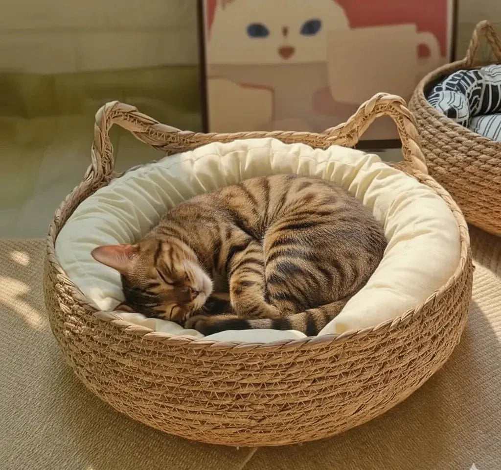 Natural Woven Cat Ear Bed in cattail, top-side view of the ear handles and cushion, rustic & natural cat furniture with a nice bengal cat sleeping.
