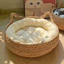 Natural Woven Cat Ear Bed in cattail, side view showing the detachable cushion and organic weave, a washable cat bed.
