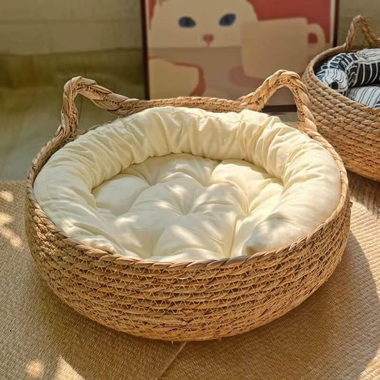 Natural Woven Cat Ear Bed in cattail, side view showing the detachable cushion and organic weave, a washable cat bed.
