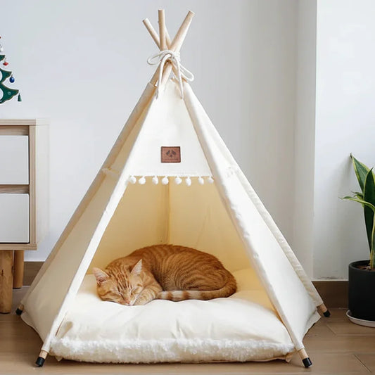 Nomad Nook Boho-Chic in canvas fabric and natural wood, side view with plush cushion and tied top, a cute cat bed.