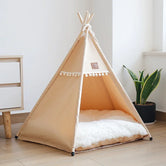 Nomad Nook Boho-Chic in canvas fabric and natural wood, corner angle view of plush cushion interior, a cozy cat cave with modern design.