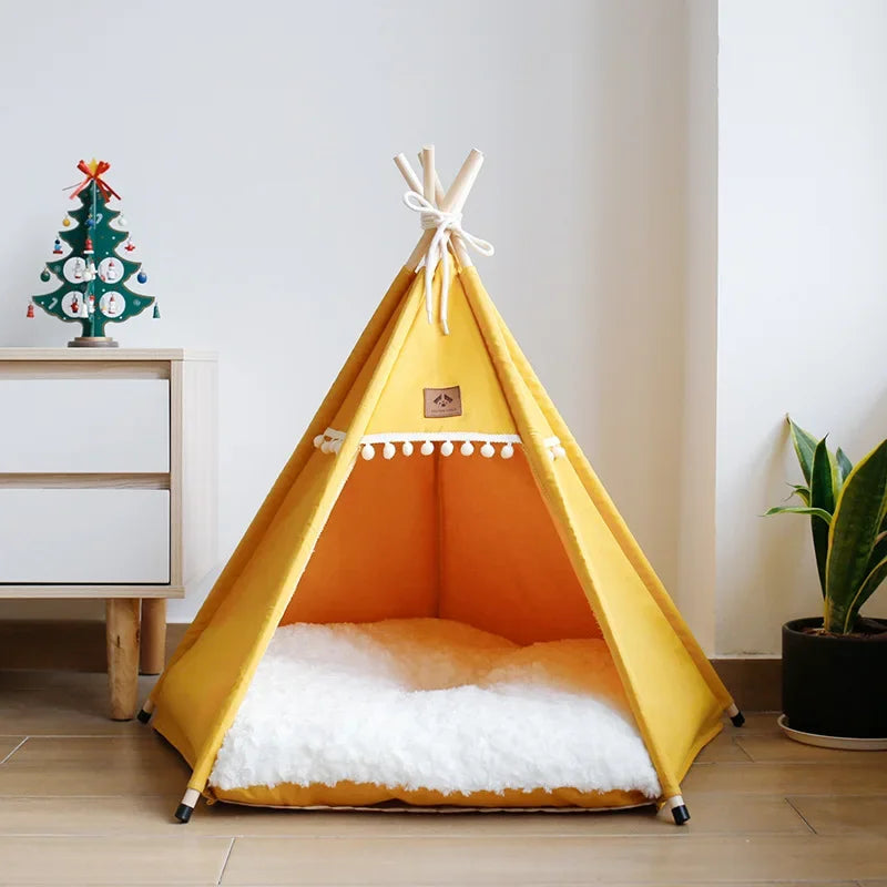 Nomad Nook Boho-Chic interior full view of centered pom-pom entrance, a stylish cat furniture accent.