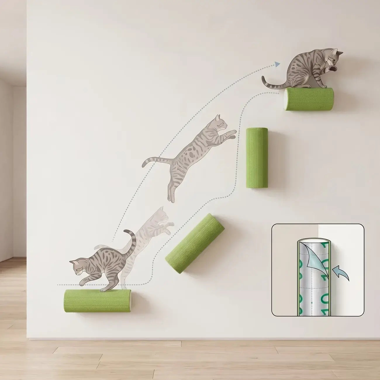 flat-lay-colorful-no-drill-scratching-posts-styled-with-plant