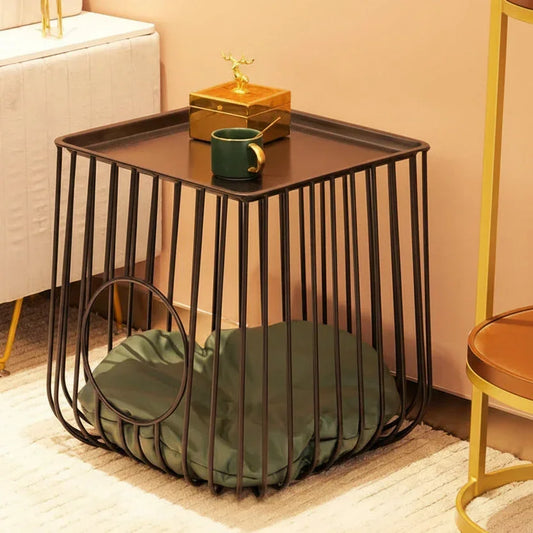 Gilded Lounge cube cat bed side table in gold — wireframe luxury cat furniture for modern homes